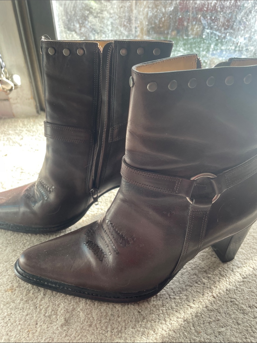 Arturo Chiang Dark Brown Leather Ankle Booties with Stud Detail